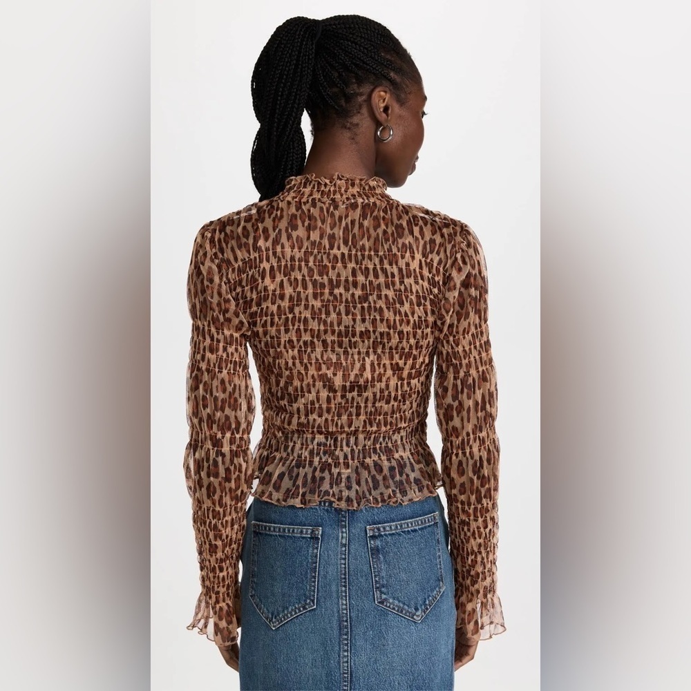 FREE PEOPLE Smocked HELLO THERE Mesh Top Leopard Cheetah Mock Neck Size Small - Picture 3 of 14